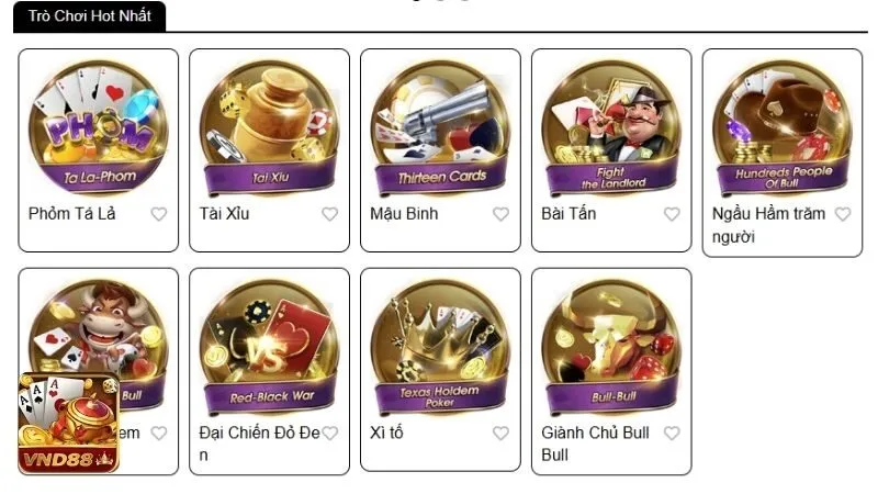 Top các game bài phổ biến tại VND88